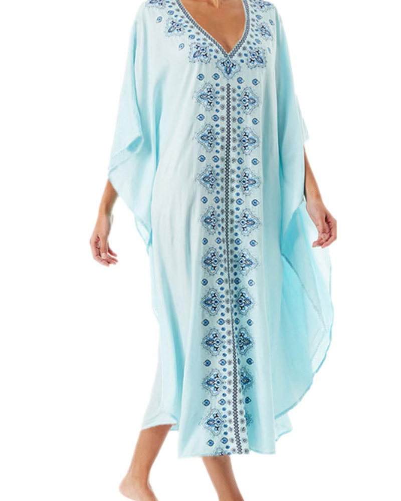 Jasmine Women's Boho Kaftan Dress – Floral Embroidered Beach Cover-Up