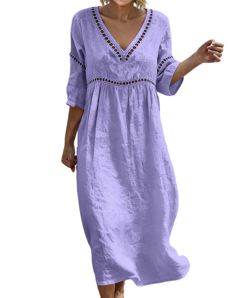 Juliet Women's Cotton Linen Maxi Dress – V-Neck Boho Dress with 3/4 Sleeves
