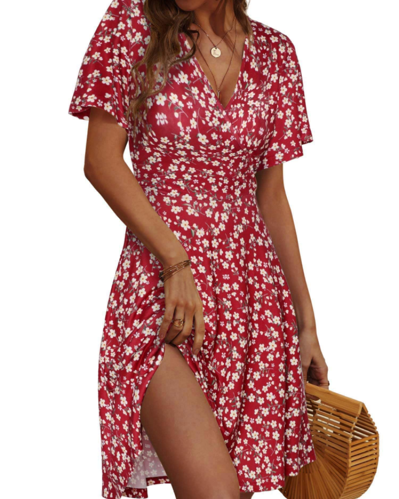 Amelia Women's Wrap Midi Dress – Floral V-Neck A-Line Dress with Ruffle Sleeves