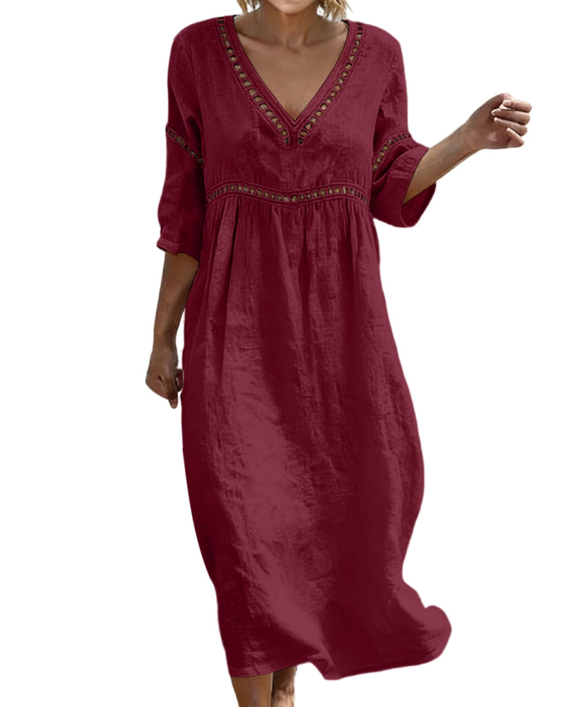 Juliet Women's Cotton Linen Maxi Dress – V-Neck Boho Dress with 3/4 Sleeves