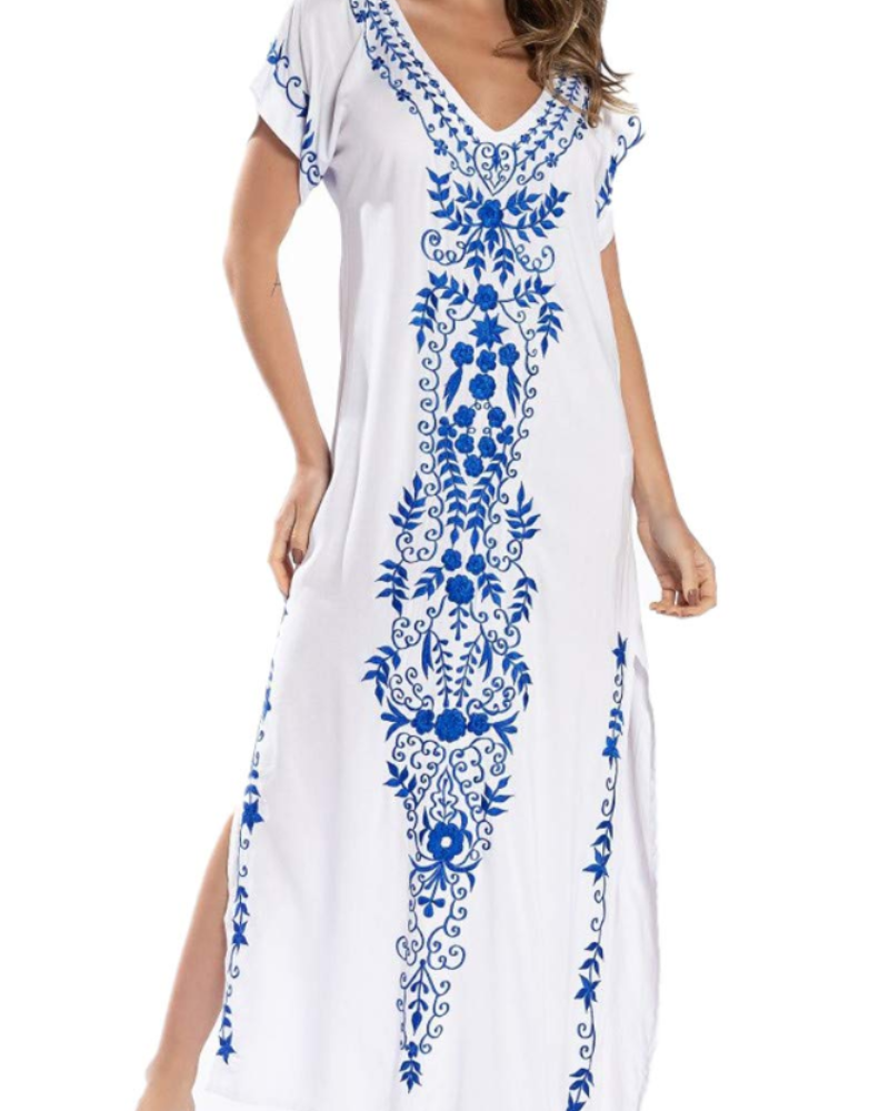 Jasmine Women's Boho Kaftan Dress – Floral Embroidered Beach Cover-Up