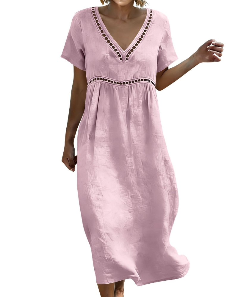 Juliet Women's Cotton Linen Maxi Dress – V-Neck Boho Dress with 3/4 Sleeves