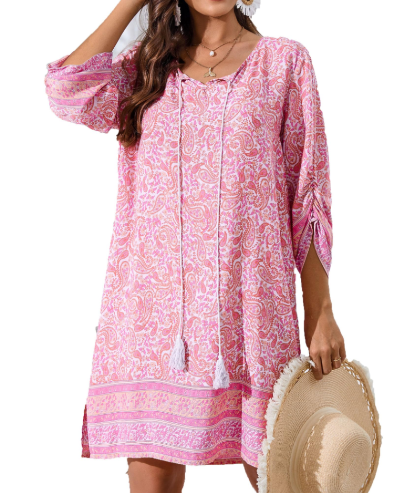 Sophie Women's Boho Tunic Dress – 3/4 Sleeve V-Neck Knee-Length Summer Dress