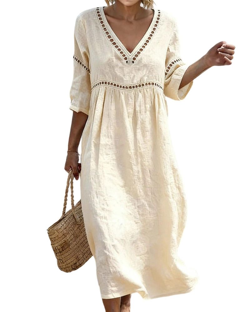 Juliet Women's Cotton Linen Maxi Dress – V-Neck Boho Dress with 3/4 Sleeves