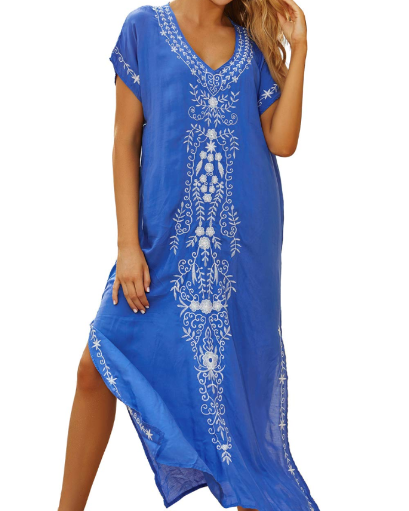 Jasmine Women's Boho Kaftan Dress – Floral Embroidered Beach Cover-Up