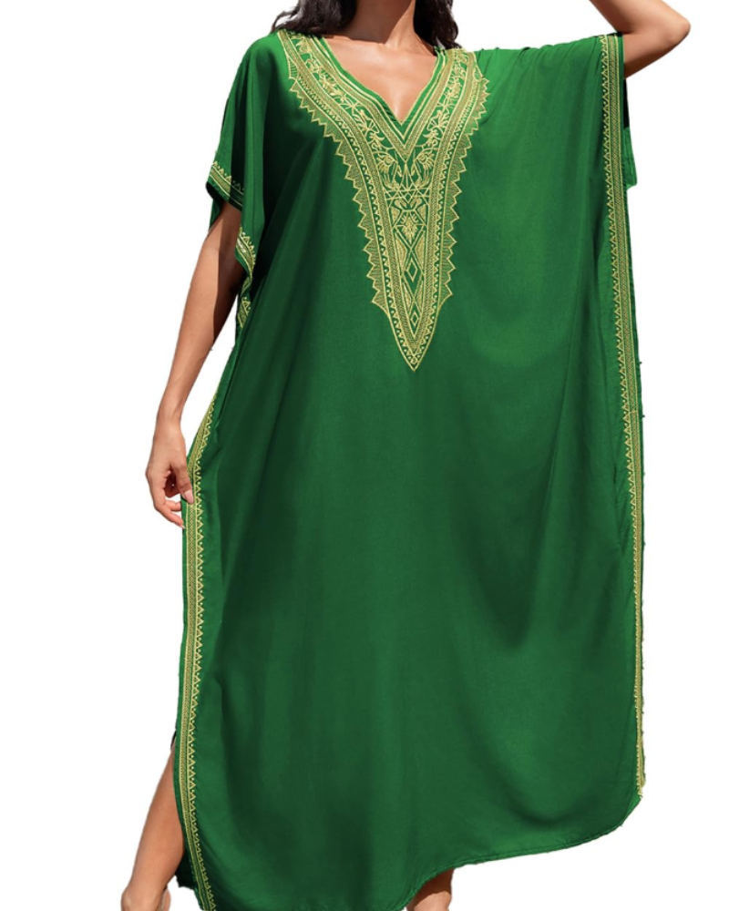 Jasmine Women's Boho Kaftan Dress – Floral Embroidered Beach Cover-Up