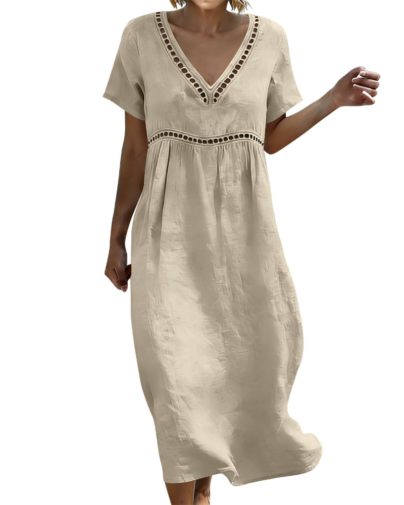 Juliet Women's Cotton Linen Maxi Dress – V-Neck Boho Dress with 3/4 Sleeves