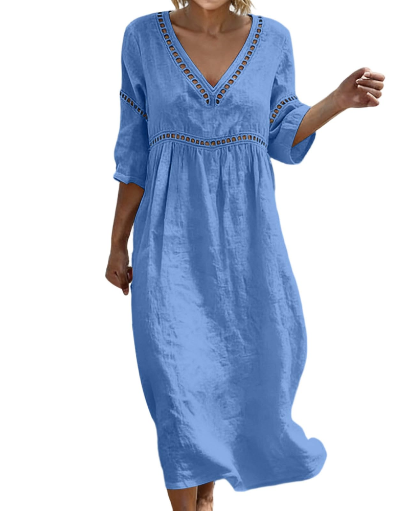 Juliet Women's Cotton Linen Maxi Dress – V-Neck Boho Dress with 3/4 Sleeves