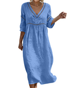 Juliet Women's Cotton Linen Maxi Dress – V-Neck Boho Dress with 3/4 Sleeves