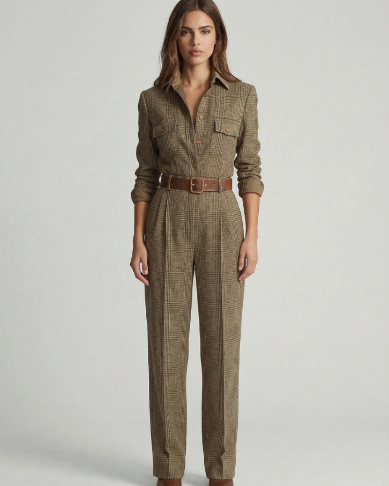 Margot Women’s Plaid Jumpsuit – Belted Wide Leg Utility Jumpsuit with Pockets