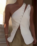 Hailey Women's One-Shoulder Top – Asymmetrical Sleeveless Blouse with Button Detail