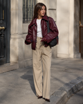 Celeste Women’s Faux Leather Bomber Jacket – Oversized Casual Zip-Up with Ribbed Cuffs