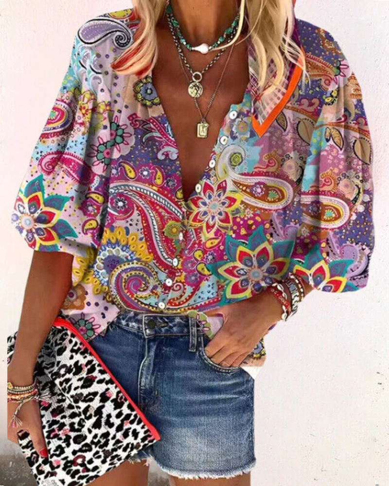 Elena Women's Floral Blouse – Button-Up Half Sleeve Top for Casual Chic Outfits