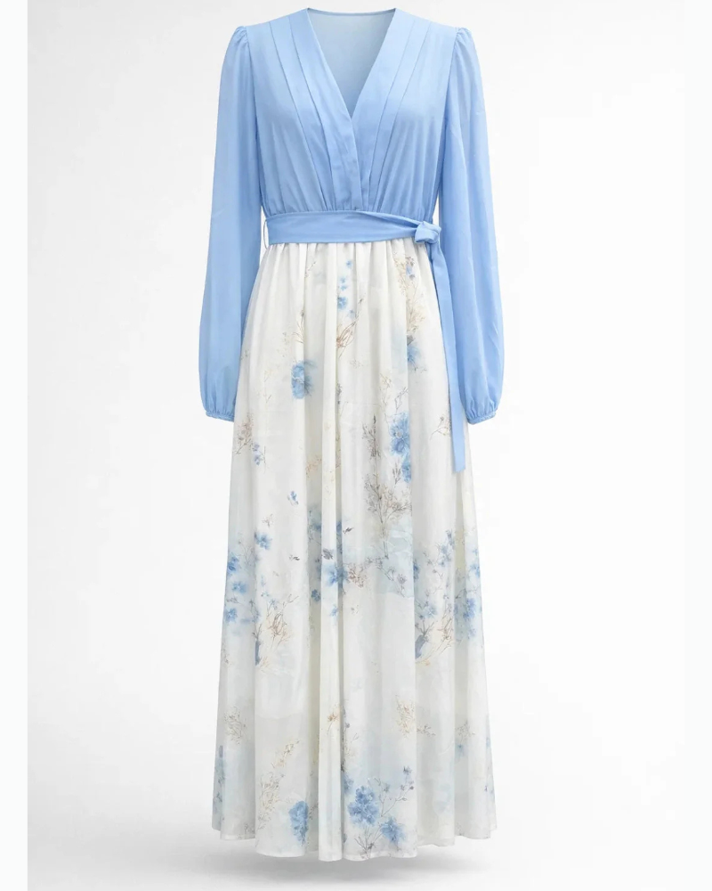 Isadora Women’s Maxi Dress – Light Blue Floral V-Neck Dress with Sheer Sleeves