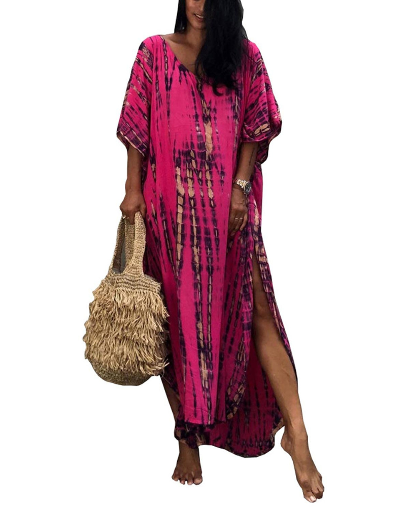 Camila Women’s Kaftan Maxi Dress – V-Neck Belted Beach Cover-Up