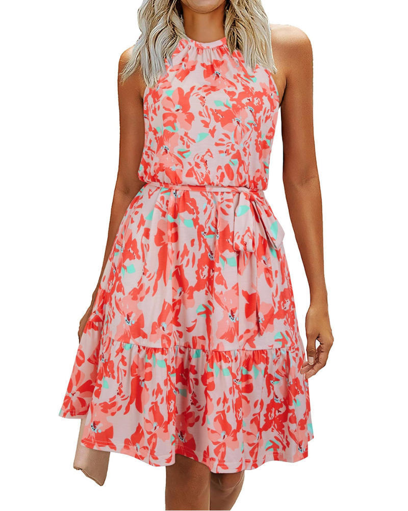 Elena Women’s Halter Dress – Sleeveless Knee-Length Swing Dress with Tie Belt