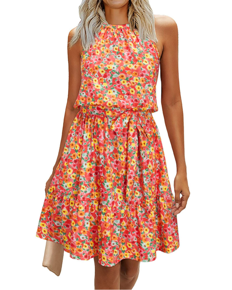 Elena Women’s Halter Dress – Sleeveless Knee-Length Swing Dress with Tie Belt