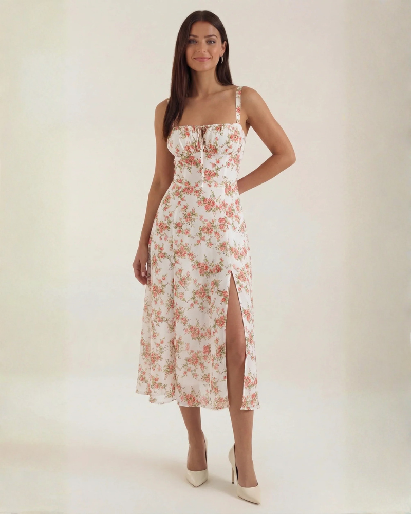 Amelia Women's Floral Midi Dress – Sweetheart Neckline & Lace-Up Back