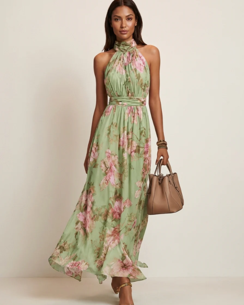Cecilia Women's Floral Halter Maxi Dress – Defined Waist & Flowy Skirt