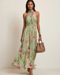 Cecilia Women's Floral Halter Maxi Dress – Defined Waist & Flowy Skirt