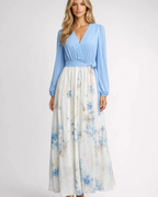 Isadora Women’s Maxi Dress – Light Blue Floral V-Neck Dress with Sheer Sleeves