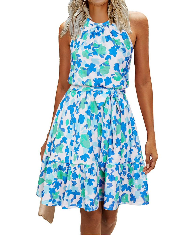 Elena Women’s Halter Dress – Sleeveless Knee-Length Swing Dress with Tie Belt