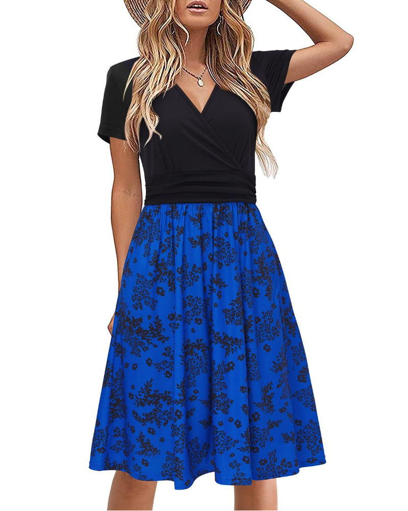 Maya Women’s Floral Midi Dress – V-Neck A-Line Empire Waist Dress with Pockets