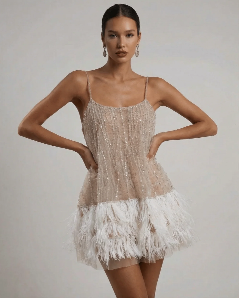 Georgia Women's Off-Shoulder Mini Dress – Shimmering Layered Overlay & Draped Fit