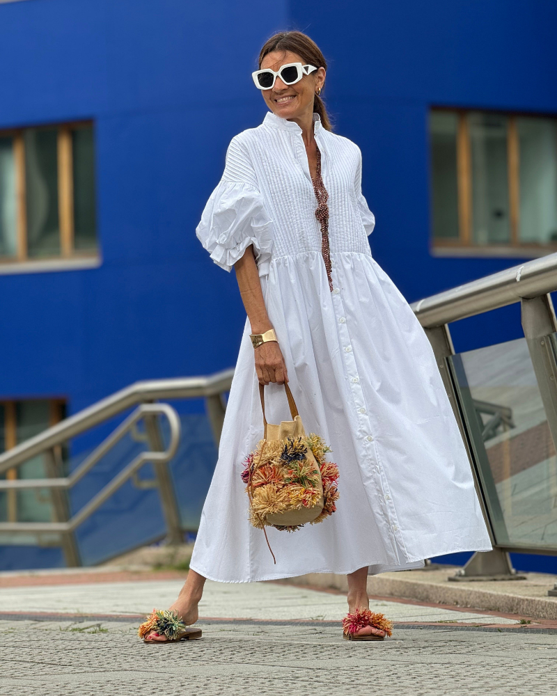 Naomi Women’s Cotton Maxi Dress – White Egyptian Cotton Dress with Belt & Pockets