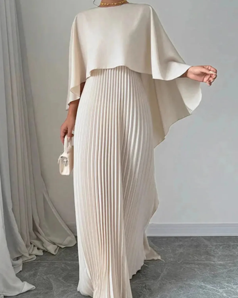 Helena Women's Cape Maxi Dress – Pleated Overlay & Flowy Formal Gown