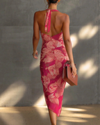 Celeste Women’s Floral Dress – Fuchsia Ruched Bodycon Dress with Draped Neckline