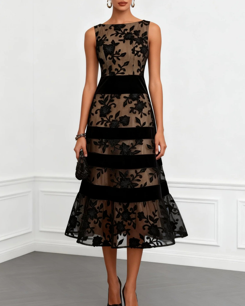 Evangeline Women’s Cocktail Dress – 3D Floral A-Line Midi Dress with Boat Neck