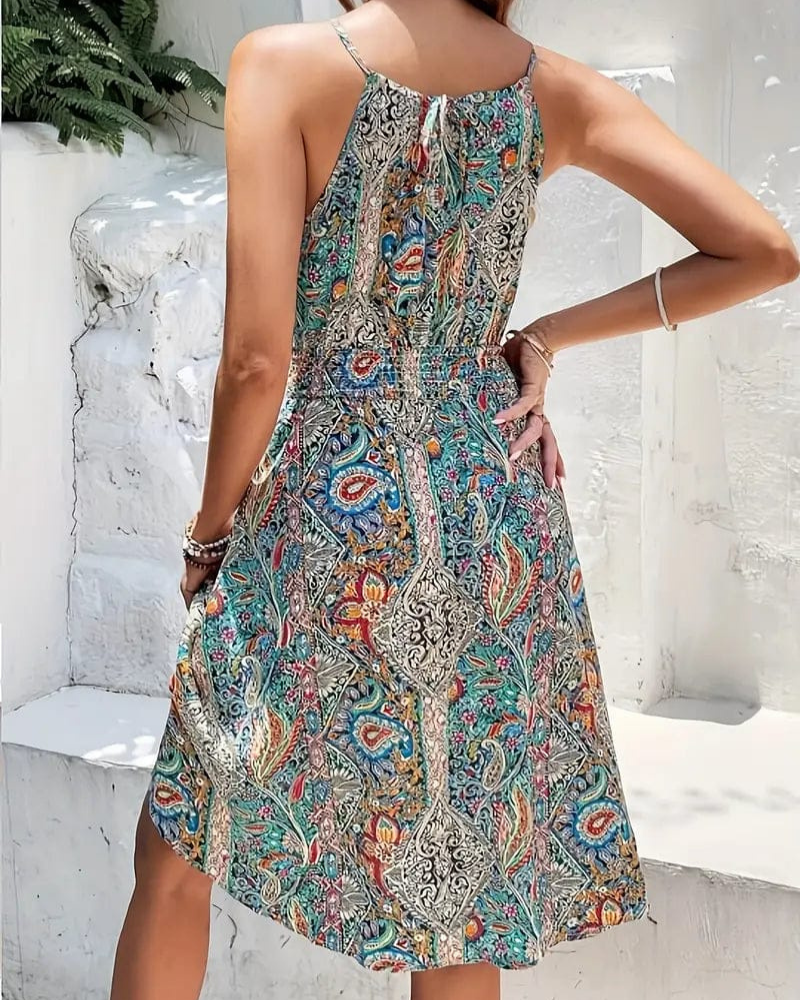 Felicity Women's Boho Halter Dress – Flowy Fit, Elastic Waist & Tie Neck