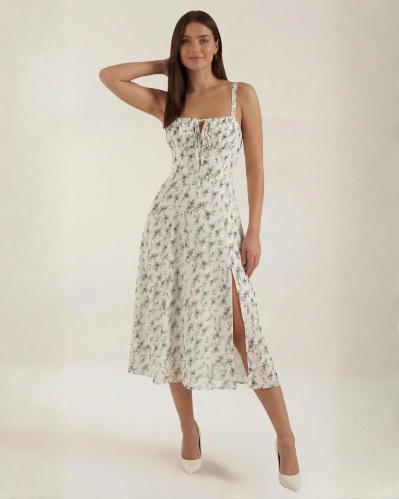 Amelia Women's Floral Midi Dress – Sweetheart Neckline & Lace-Up Back
