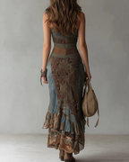 Viviana Women’s One Shoulder Maxi Dress – Ethnic Print A-Line Dress with Side Slit