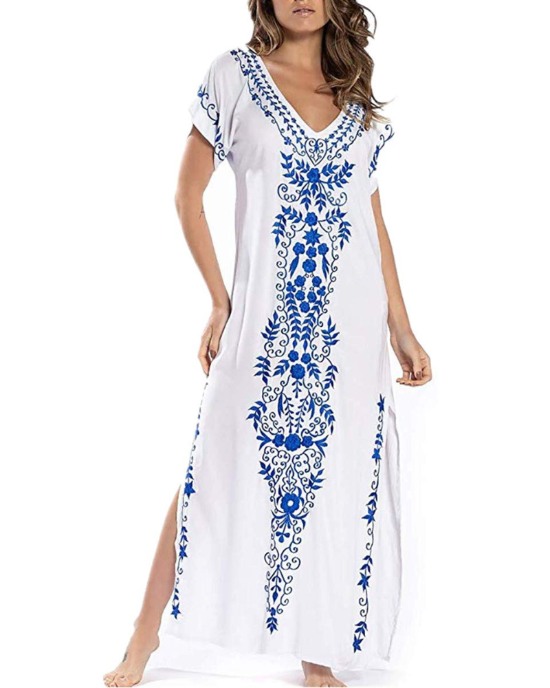 Aurora Women’s Beach Cover-Up Dress – Lightweight V-Neck Tropical Maxi Kaftan