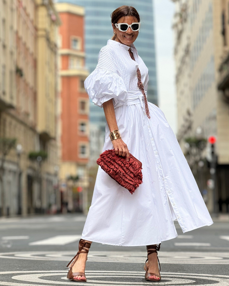 Naomi Women’s Cotton Maxi Dress – White Egyptian Cotton Dress with Belt & Pockets