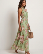 Cecilia Women's Floral Halter Maxi Dress – Defined Waist & Flowy Skirt