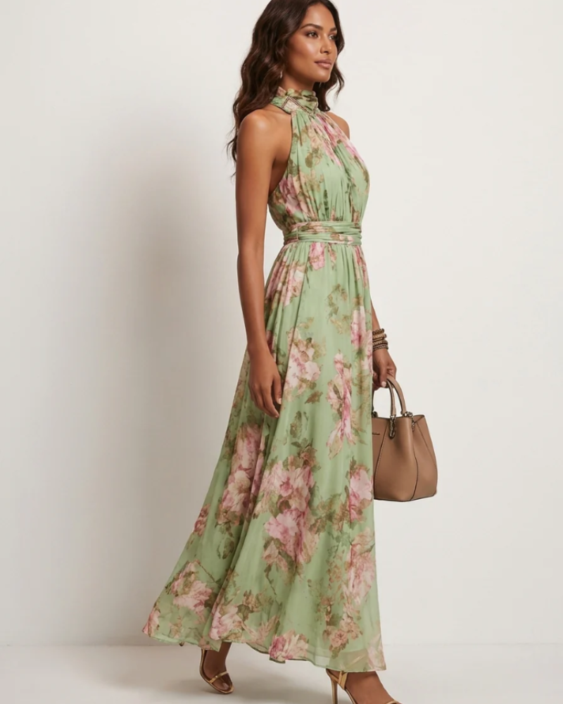 Cecilia Women's Floral Halter Maxi Dress – Defined Waist & Flowy Skirt