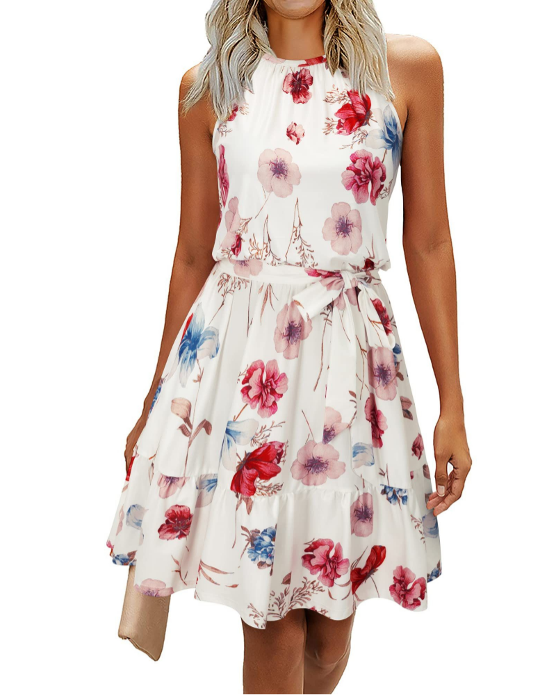 Elena Women’s Halter Dress – Sleeveless Knee-Length Swing Dress with Tie Belt