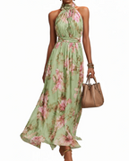 Cecilia Women's Floral Halter Maxi Dress – Defined Waist & Flowy Skirt