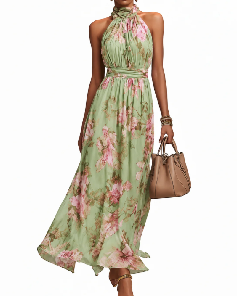 Cecilia Women's Floral Halter Maxi Dress – Defined Waist & Flowy Skirt