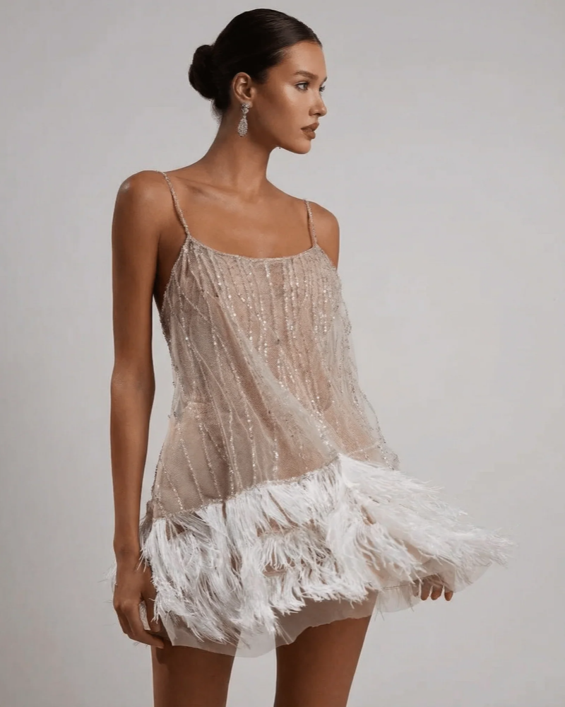 Georgia Women's Off-Shoulder Mini Dress – Shimmering Layered Overlay & Draped Fit