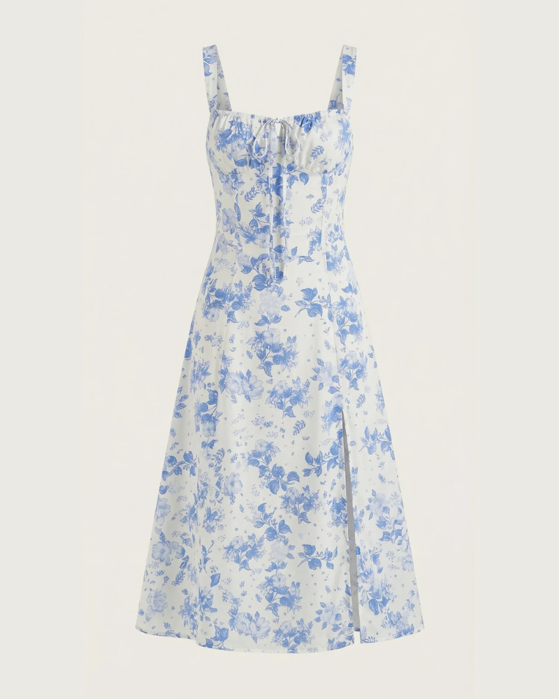 Amelia Women's Floral Midi Dress – Sweetheart Neckline & Lace-Up Back