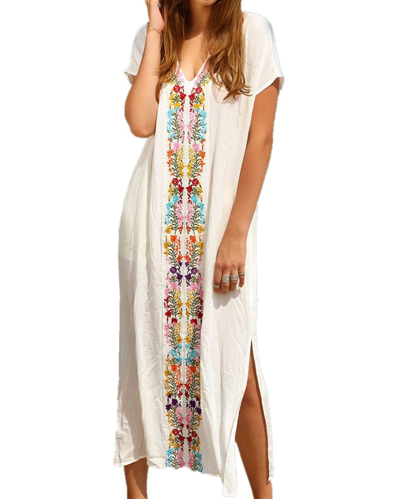 Aurora Women’s Beach Cover-Up Dress – Lightweight V-Neck Tropical Maxi Kaftan