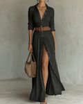 Helena Women’s Cotton Maxi Dress – Long Sleeve V-Neck Pleated Dress