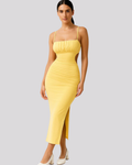 Bianca Women’s Midi Dress – Yellow Bodycon Stretch Dress with Pleated Details