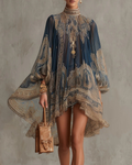 Valerie Women’s Chiffon Mini Dress – High Neck Ruffle Dress with Baroque Print
