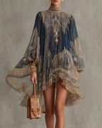 Valerie Women’s Chiffon Mini Dress – High Neck Ruffle Dress with Baroque Print