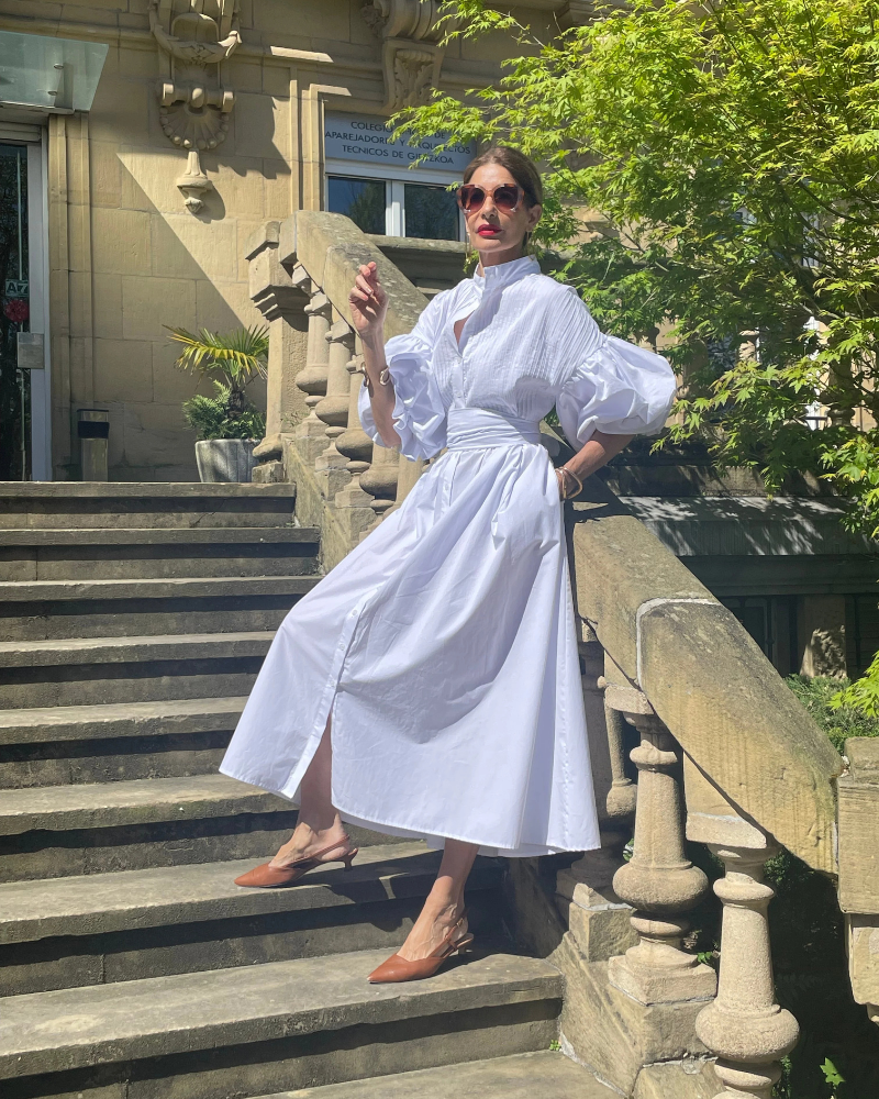 Naomi Women’s Cotton Maxi Dress – White Egyptian Cotton Dress with Belt & Pockets